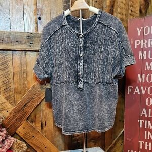 283 Washed Black Short-Sleeve Henley with Textured Front Panel